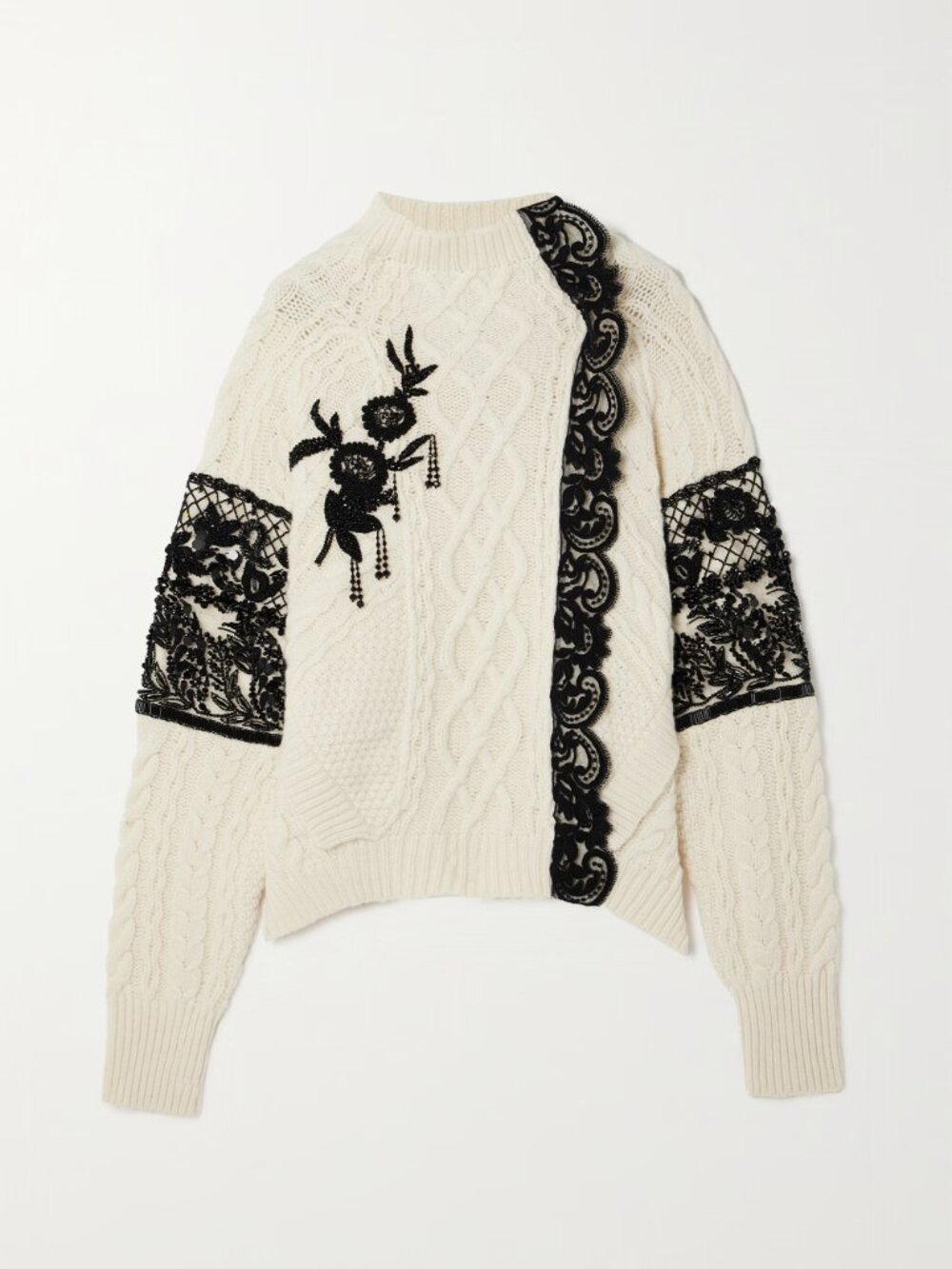 ERDEM Lace-trimmed embellished cable-knit wool-blend sweater, M